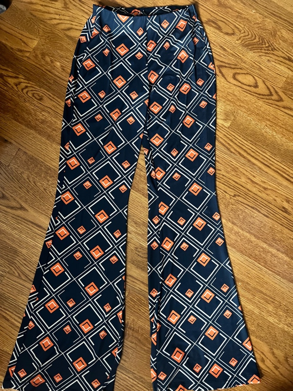 Zara High Rise Flare Pants Size S Geometric Graphic Mod Print Navy Orange